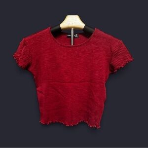 Trendy Red Ribbed Crop Top with Short Sleeves